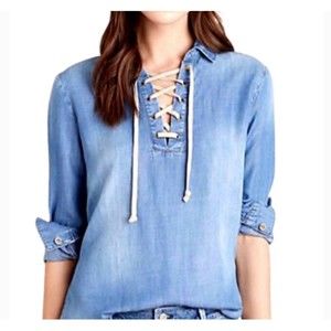 CLOTH AND STONE Chambray Lace Up Long Sleeve Blouse